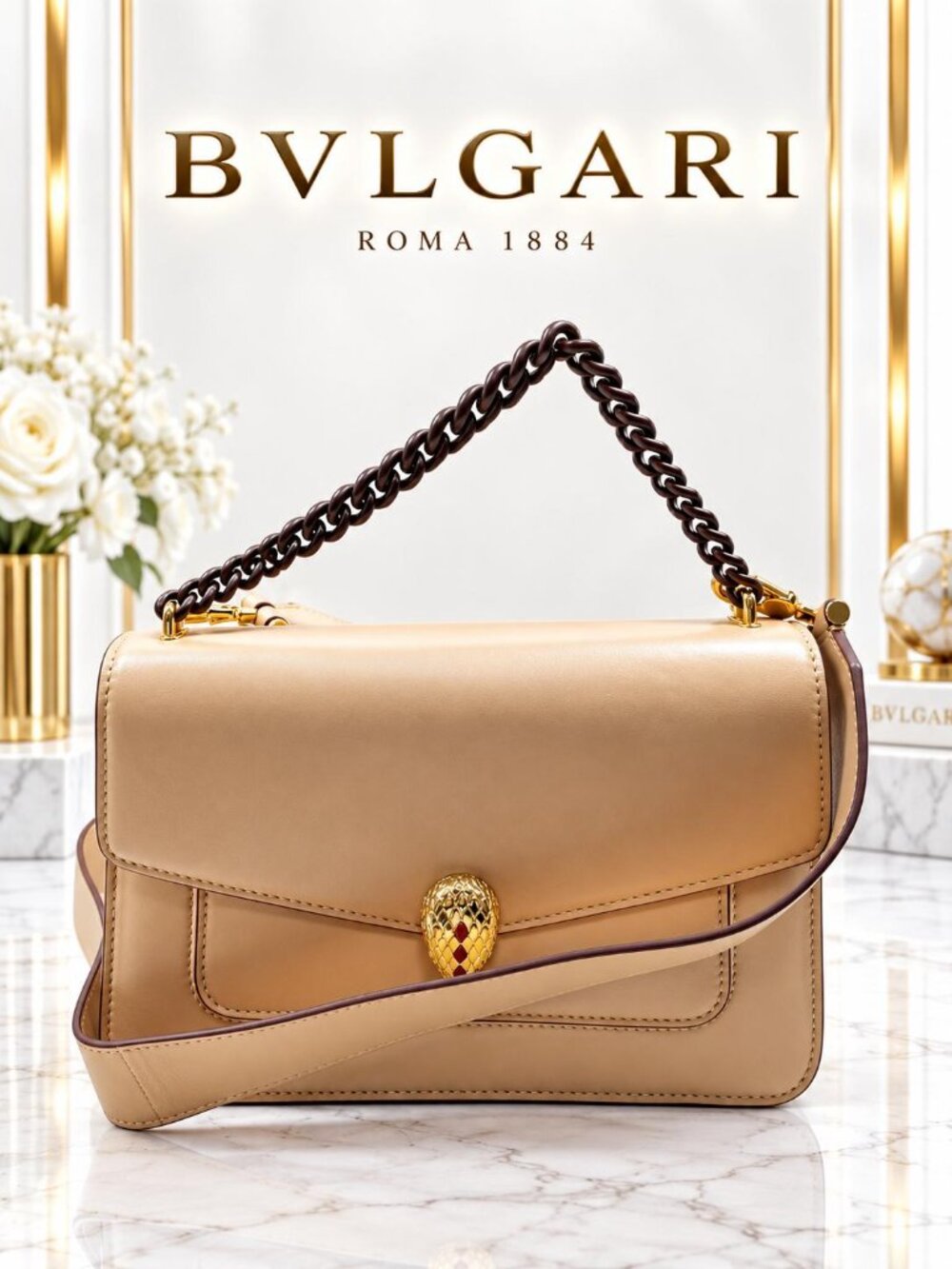 Authentic Bvlgari Serpenti Forever Brown Leather Shoulder Crossbody Bag